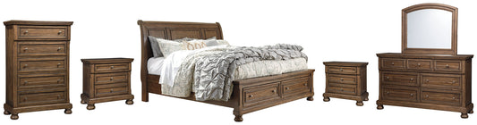 Flynnter Queen Sleigh Bed with 2 Storage Drawers with Mirrored Dresser, Chest and 2 Nightstands at Cloud 9 Mattress & Furniture furniture, home furnishing, home decor