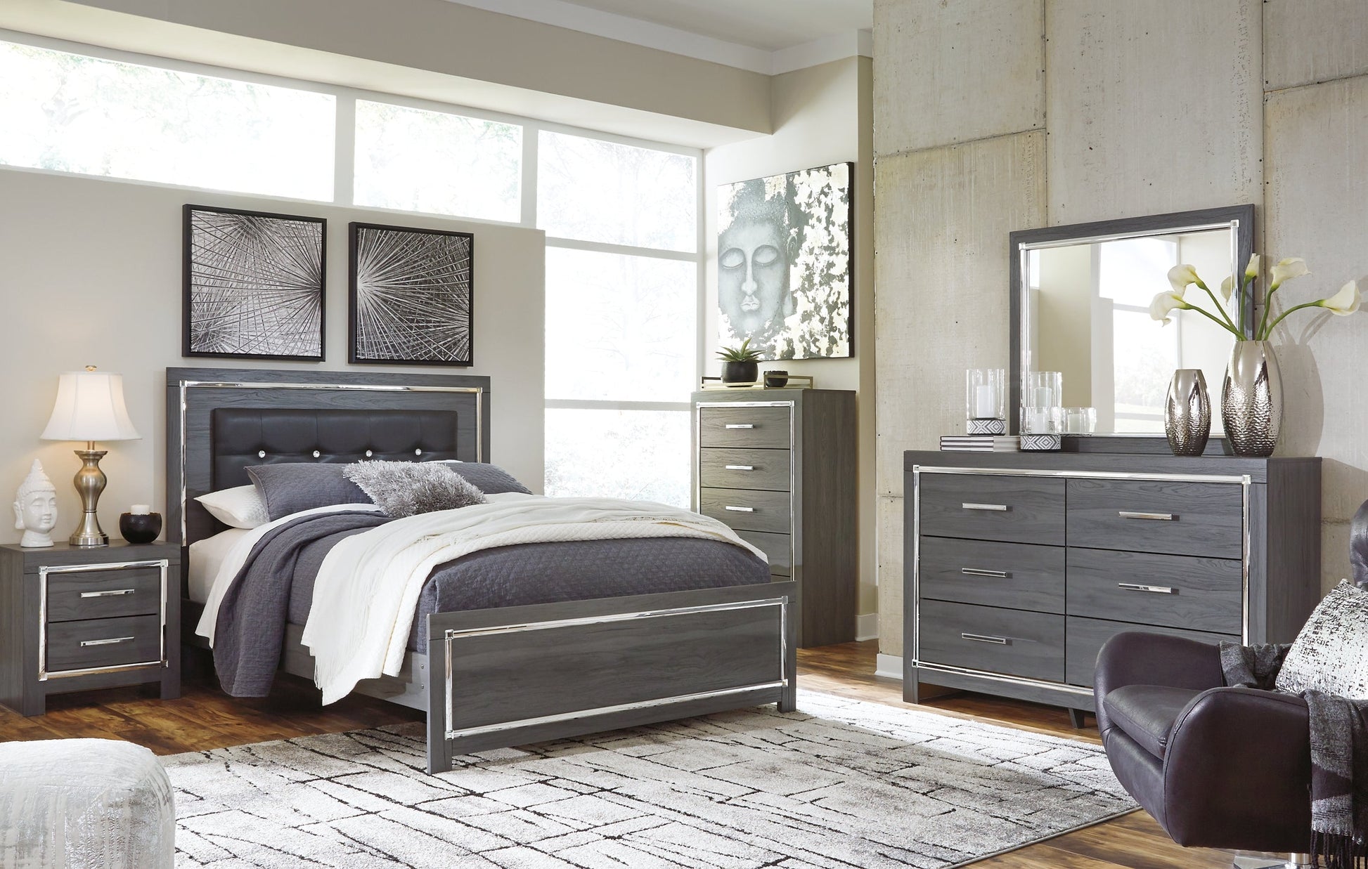 Lodanna Queen Panel Bed with Mirrored Dresser, Chest and Nightstand at Cloud 9 Mattress & Furniture furniture, home furnishing, home decor