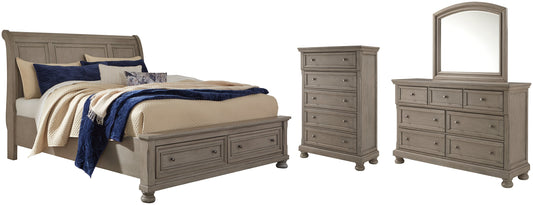 Lettner King Sleigh Bed with 2 Storage Drawers with Mirrored Dresser and Chest at Cloud 9 Mattress & Furniture furniture, home furnishing, home decor