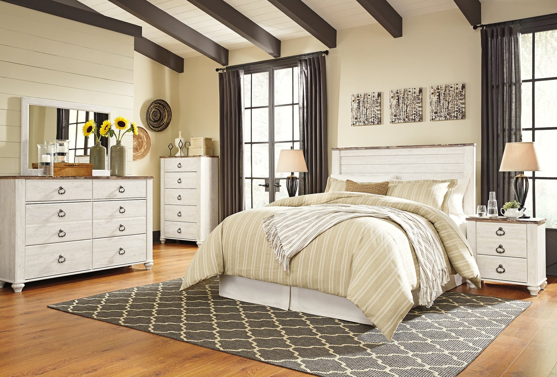 Willowton Queen/Full Panel Headboard with Mirrored Dresser, Chest and Nightstand at Cloud 9 Mattress & Furniture furniture, home furnishing, home decor