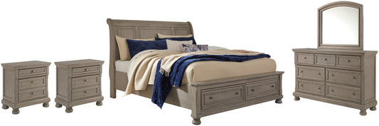Lettner Queen Sleigh Bed with 2 Storage Drawers with Mirrored Dresser and 2 Nightstands at Cloud 9 Mattress & Furniture furniture, home furnishing, home decor