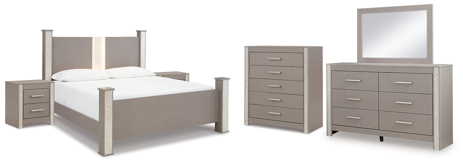 Surancha King Poster Bed with Mirrored Dresser, Chest and 2 Nightstands at Cloud 9 Mattress & Furniture furniture, home furnishing, home decor