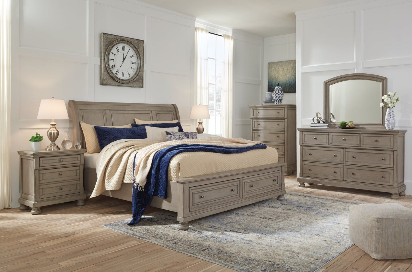 Lettner King Sleigh Bed with 2 Storage Drawers with Mirrored Dresser, Chest and 2 Nightstands at Cloud 9 Mattress & Furniture furniture, home furnishing, home decor