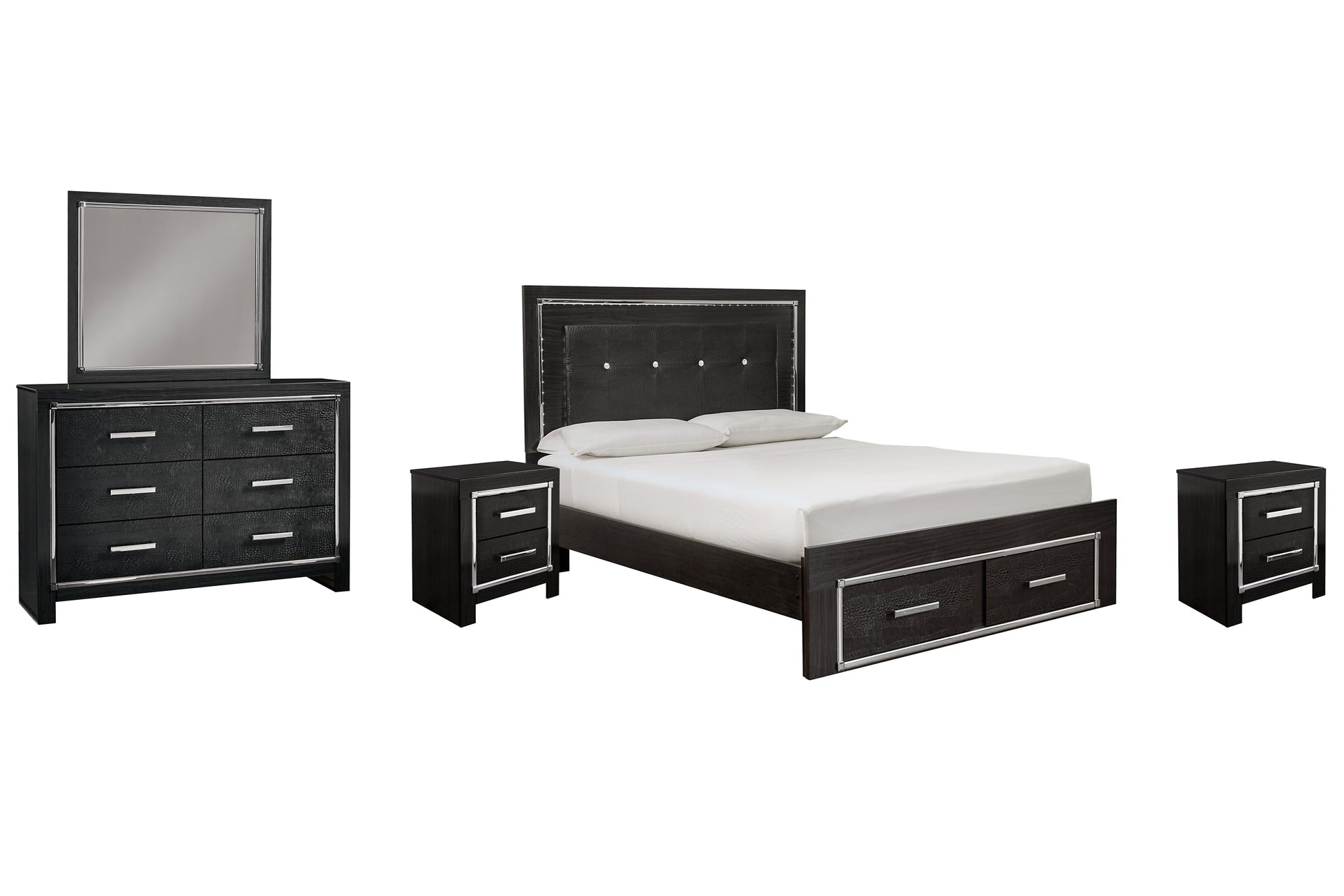 Kaydell King Upholstered Panel Bed with Mirrored Dresser and 2 Nightstands at Cloud 9 Mattress & Furniture furniture, home furnishing, home decor
