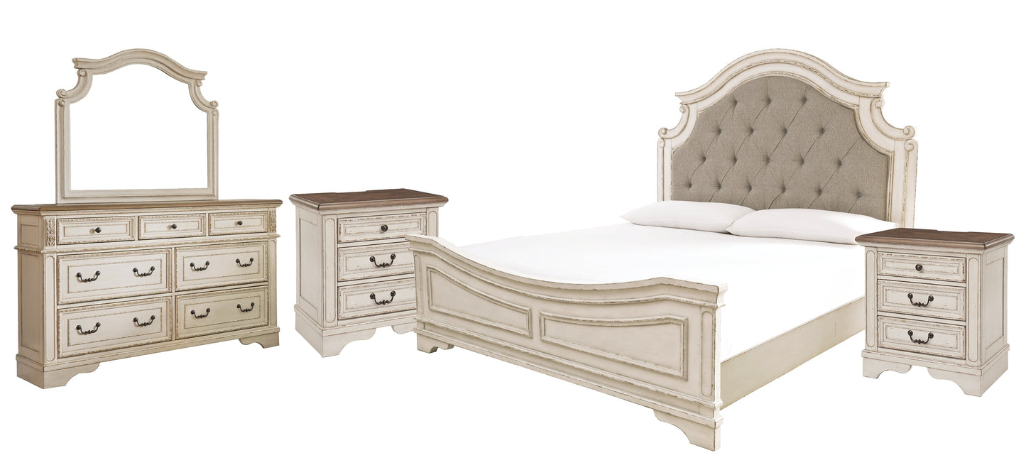 Realyn King Upholstered Panel Bed with Mirrored Dresser and 2 Nightstands at Cloud 9 Mattress & Furniture furniture, home furnishing, home decor