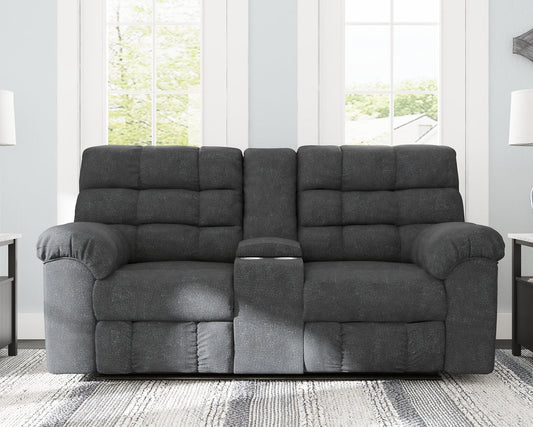 Wilhurst Double Rec Loveseat w/Console at Cloud 9 Mattress & Furniture furniture, home furnishing, home decor