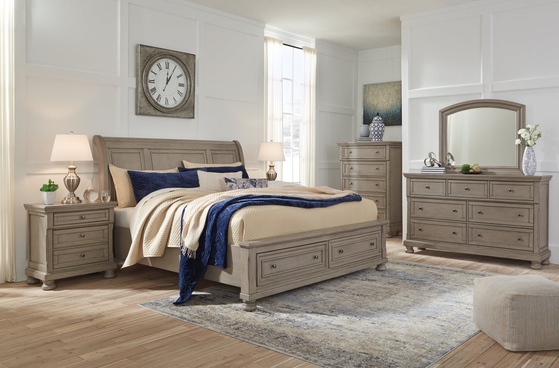 Lettner Queen Sleigh Bed with 2 Storage Drawers with Mirrored Dresser, Chest and Nightstand at Cloud 9 Mattress & Furniture furniture, home furnishing, home decor