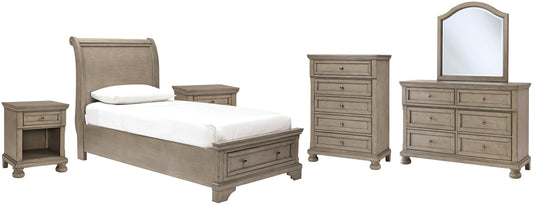 Lettner Twin Sleigh Bed with Mirrored Dresser, Chest and 2 Nightstands at Cloud 9 Mattress & Furniture furniture, home furnishing, home decor