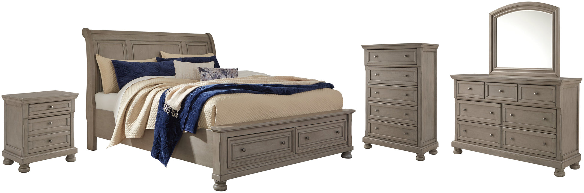 Lettner Queen Sleigh Bed with 2 Storage Drawers with Mirrored Dresser, Chest and Nightstand at Cloud 9 Mattress & Furniture furniture, home furnishing, home decor