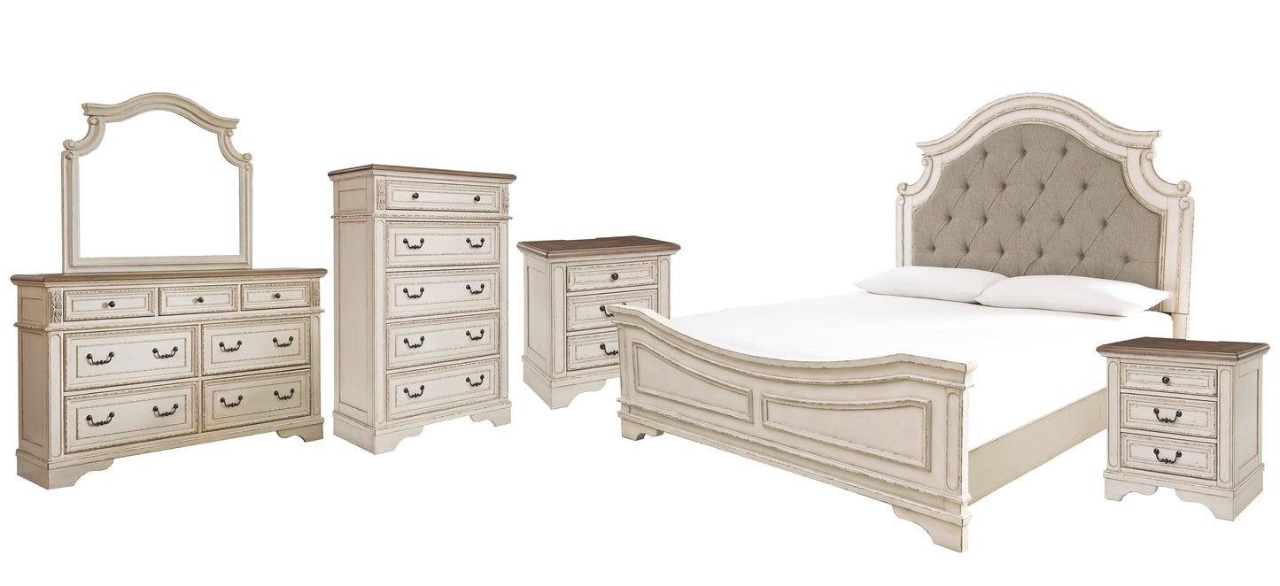 Realyn Queen Upholstered Panel Bed with Mirrored Dresser, Chest and 2 Nightstands at Cloud 9 Mattress & Furniture furniture, home furnishing, home decor