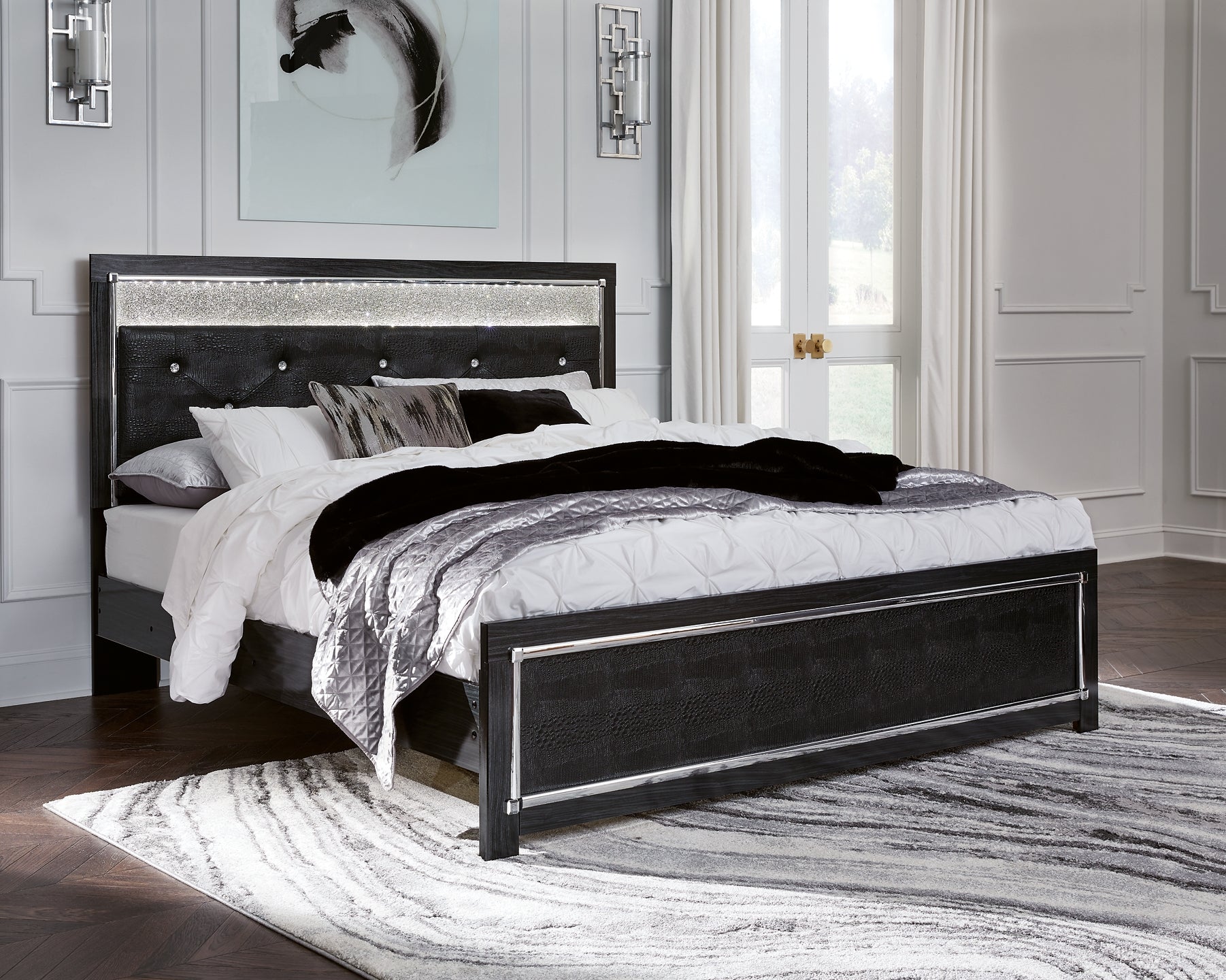 Kaydell King Upholstered Panel Bed with Mirrored Dresser, Chest and Nightstand at Cloud 9 Mattress & Furniture furniture, home furnishing, home decor