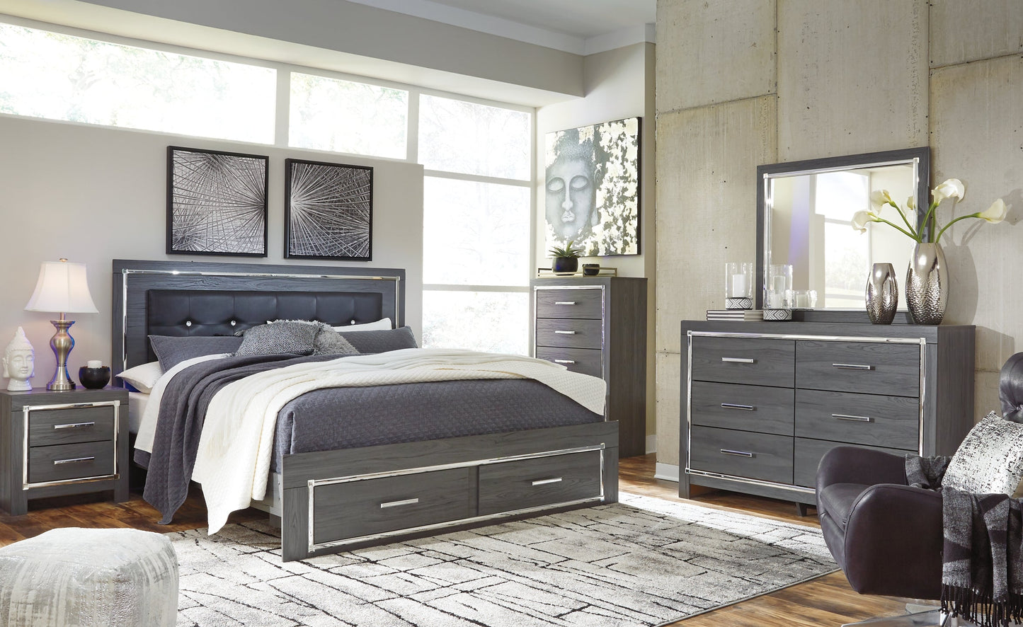 Lodanna King Panel Bed with 2 Storage Drawers with Mirrored Dresser, Chest and 2 Nightstands at Cloud 9 Mattress & Furniture furniture, home furnishing, home decor