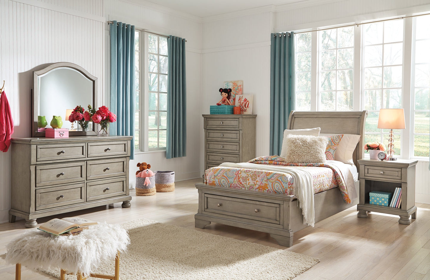 Lettner Twin Sleigh Bed with Mirrored Dresser, Chest and 2 Nightstands at Cloud 9 Mattress & Furniture furniture, home furnishing, home decor