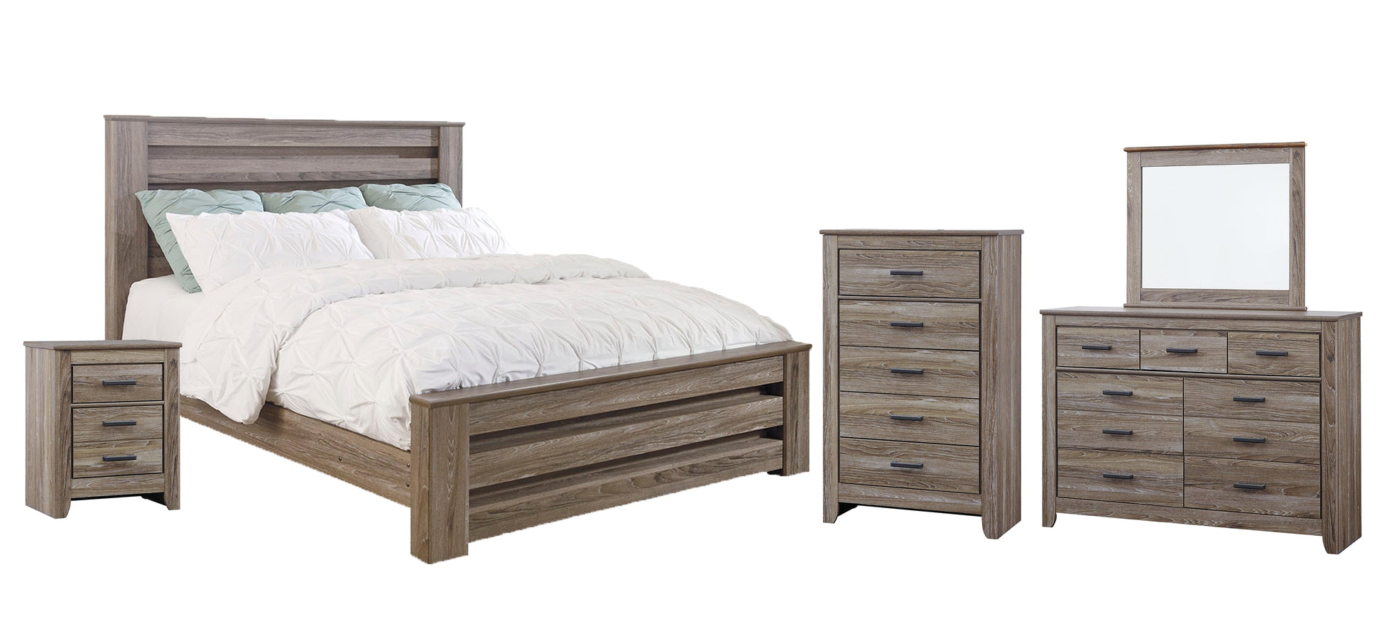 Zelen King Panel Bed with Mirrored Dresser, Chest and 2 Nightstands at Cloud 9 Mattress & Furniture furniture, home furnishing, home decor