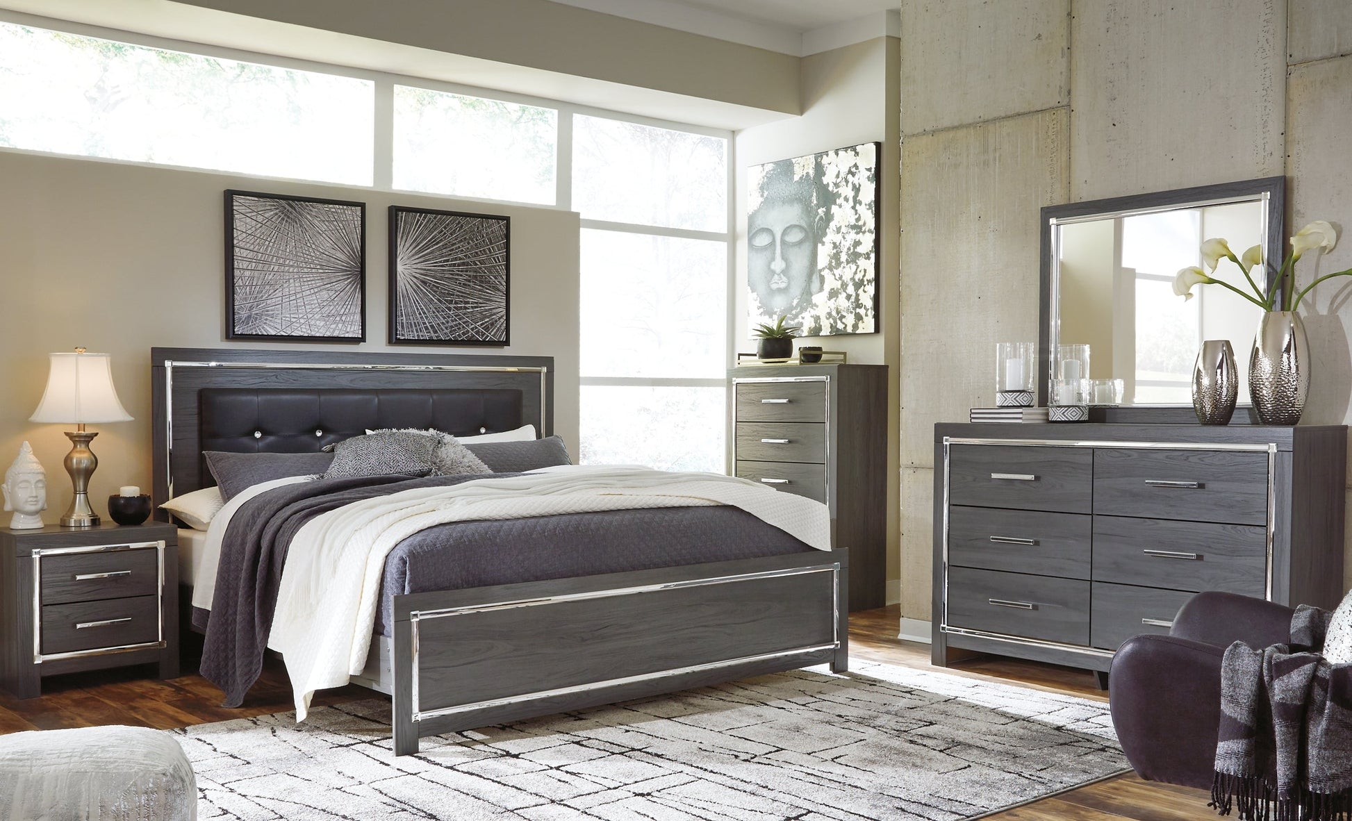 Lodanna King Panel Bed with Mirrored Dresser, Chest and Nightstand at Cloud 9 Mattress & Furniture furniture, home furnishing, home decor