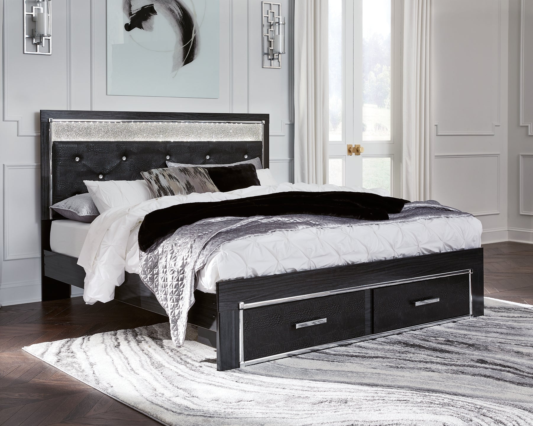 Kaydell King Upholstered Panel Storage Platform Bed with Mirrored Dresser and Chest at Cloud 9 Mattress & Furniture furniture, home furnishing, home decor