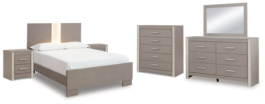 Surancha Full Panel Bed with Mirrored Dresser, Chest and 2 Nightstands at Cloud 9 Mattress & Furniture furniture, home furnishing, home decor