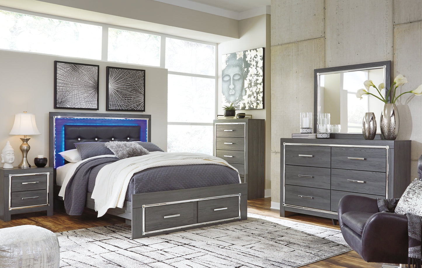 Lodanna Queen Panel Bed with 2 Storage Drawers with Mirrored Dresser and Chest at Cloud 9 Mattress & Furniture furniture, home furnishing, home decor