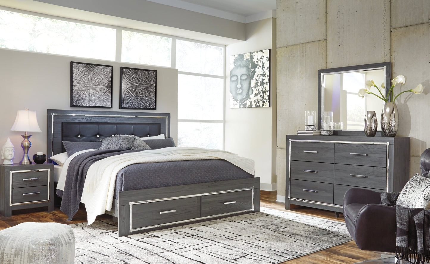 Lodanna King Panel Bed with 2 Storage Drawers with Mirrored Dresser at Cloud 9 Mattress & Furniture furniture, home furnishing, home decor