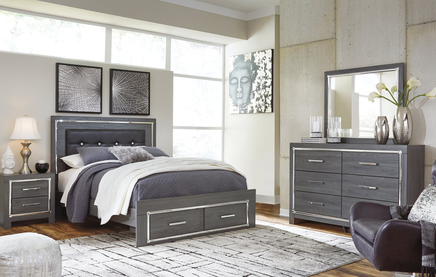 Lodanna Queen Panel Bed with 2 Storage Drawers with Mirrored Dresser, Chest and 2 Nightstands at Cloud 9 Mattress & Furniture furniture, home furnishing, home decor
