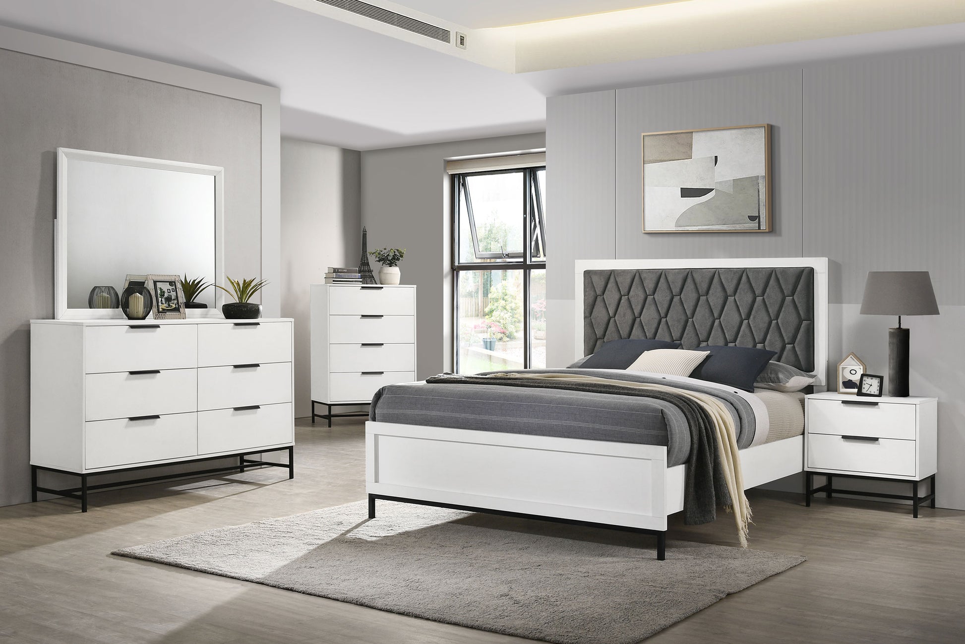 grey bed white dresser 32 Timeless Gray and White Bedroom Ideas for a Well-Curated Space