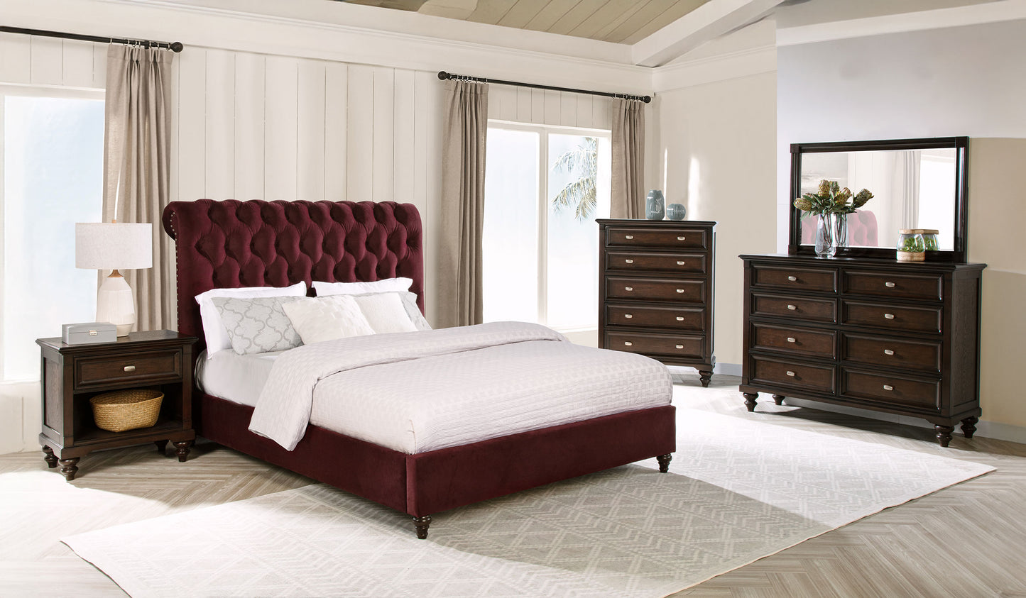 Devon 5-piece Full Bedroom Set Wine Red and Dark Oak