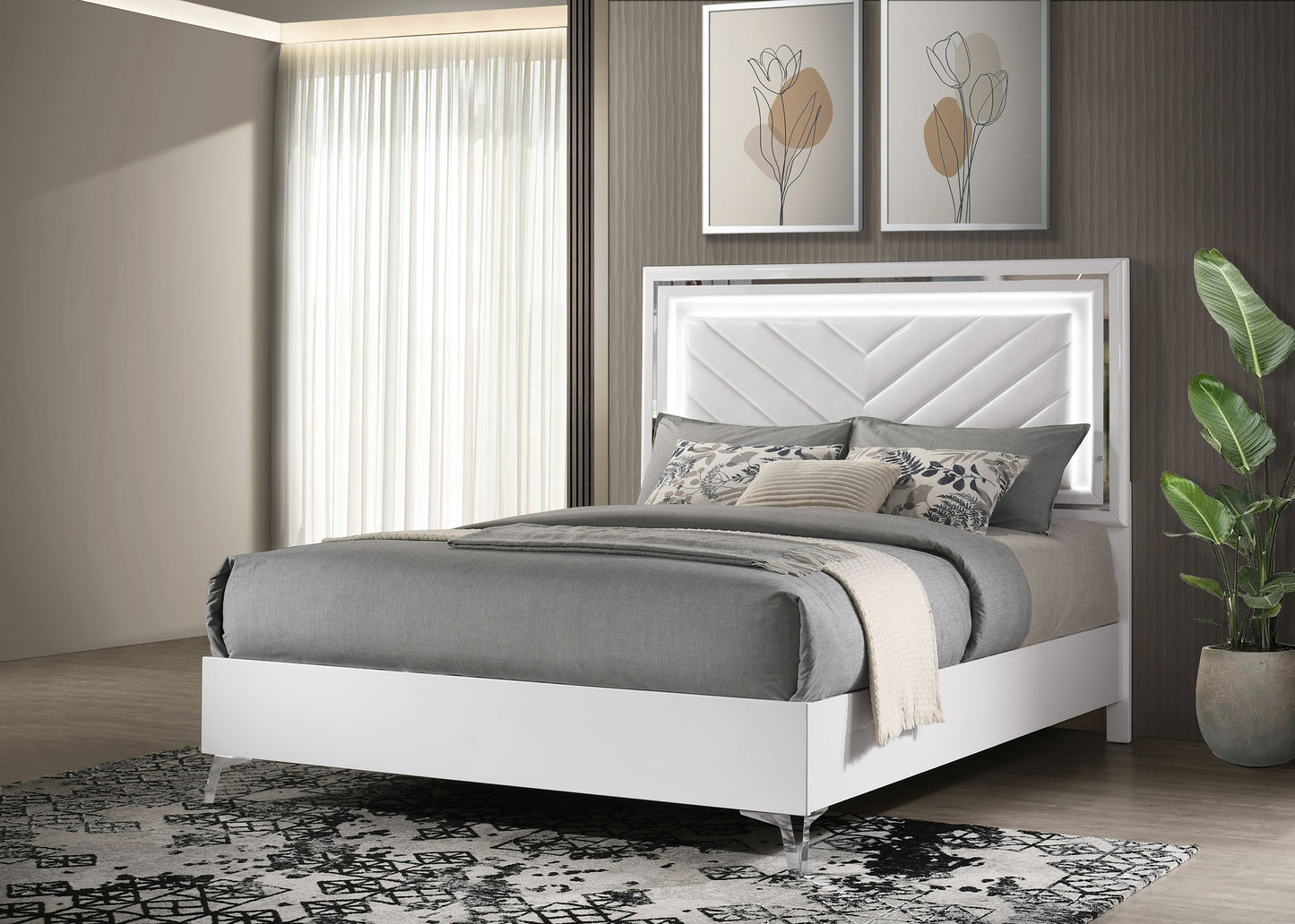 Cassia Queen LED Panel Bed White High Gloss