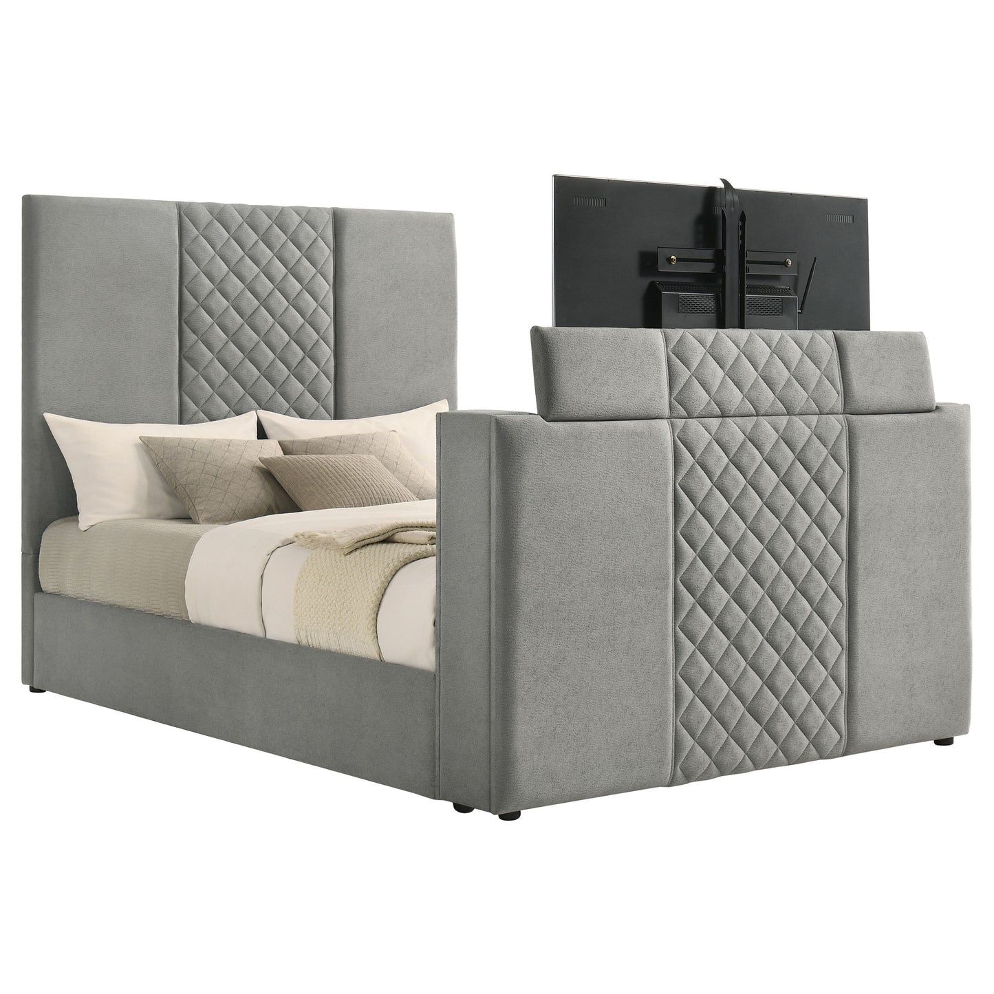 Tara 61-inch Upholstered Queen Panel TV Bed Grey
