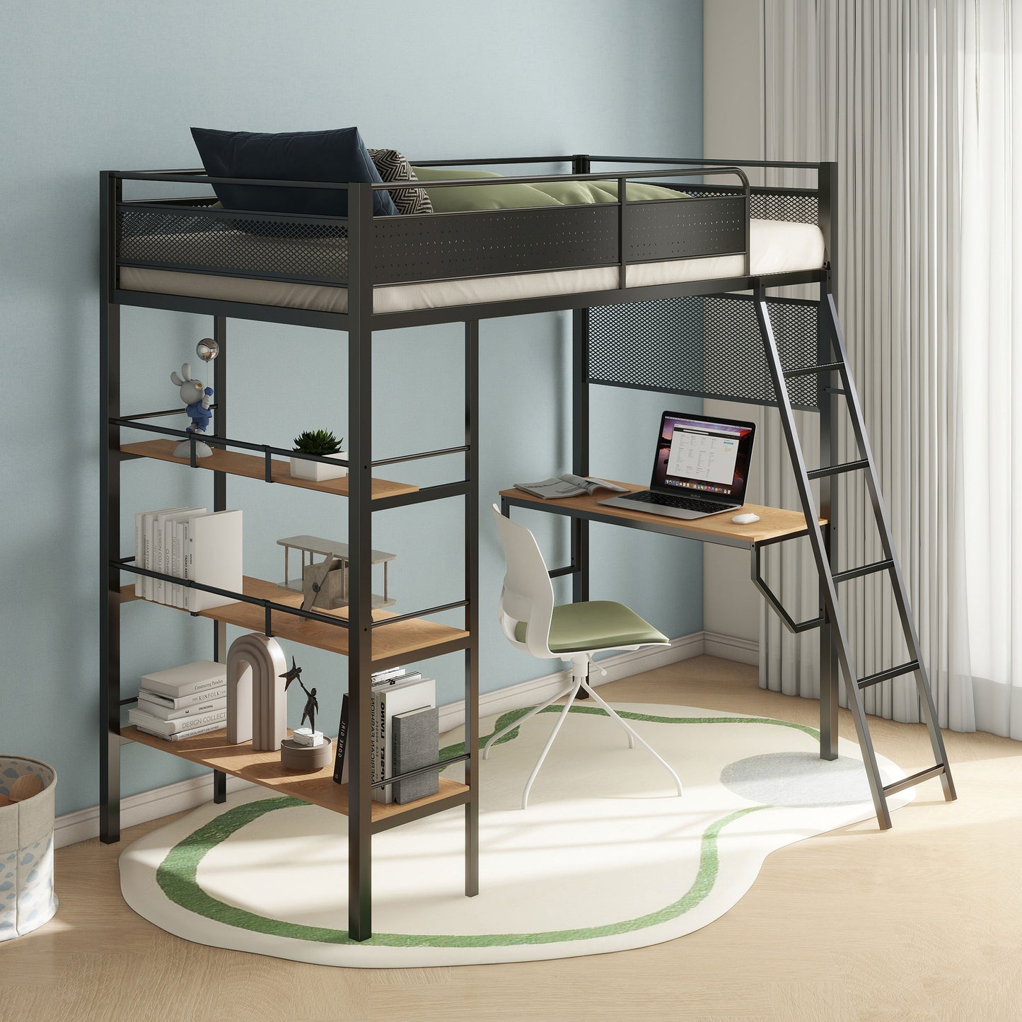Campus 3-shelf Metal Twin Workstation Loft Bed Matte Black