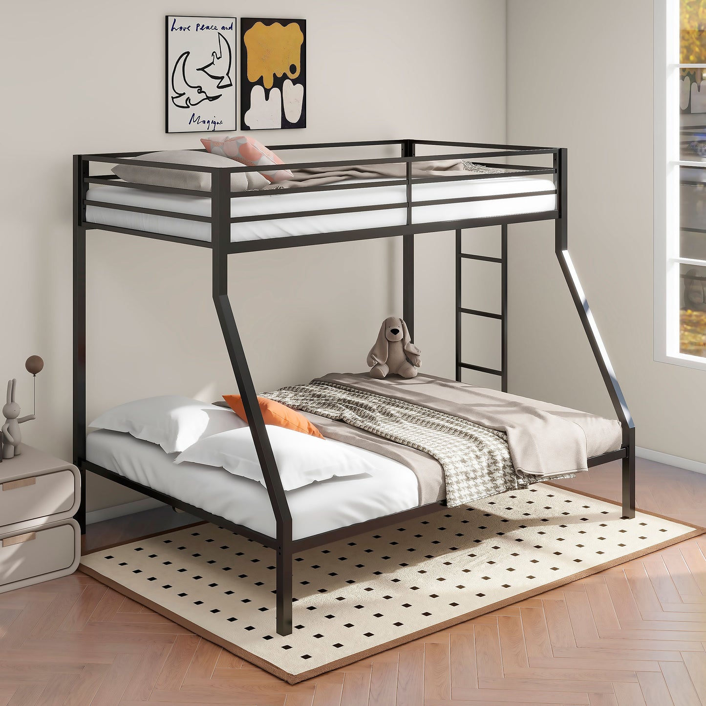 Alevera Metal Twin Over Full Bunk Bed with Ladder Black