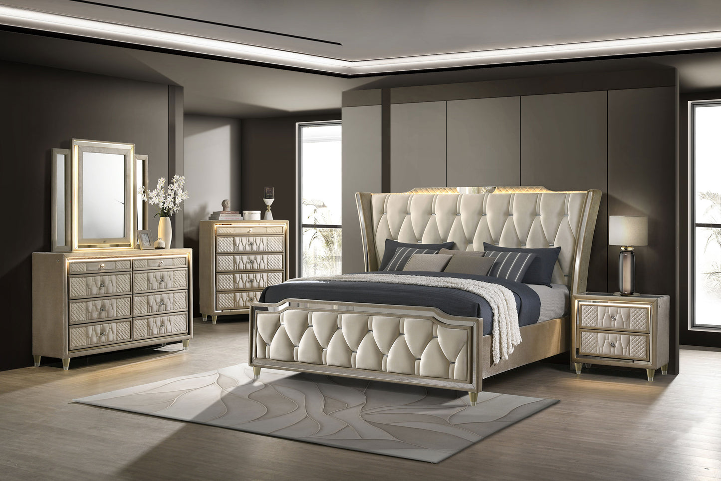 Lorient Eastern King LED Upholstered Bed Ivory and Camel
