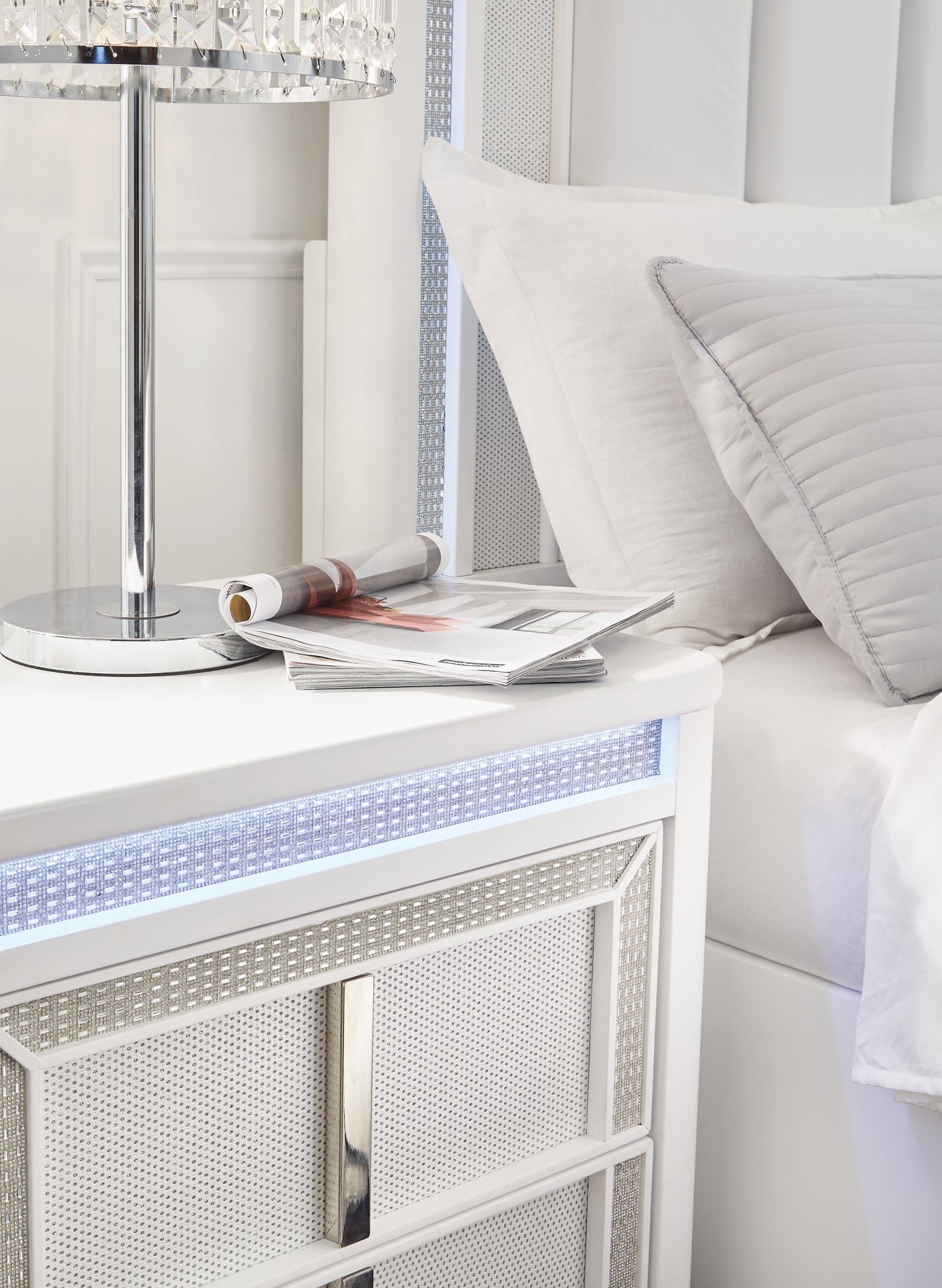 Chalanna California King Upholstered Storage Bed with Mirrored Dresser, Chest and Nightstand