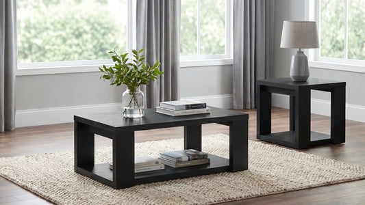 Pavone 2-Piece Transitional Coffee and End Table Set with Shelves Black