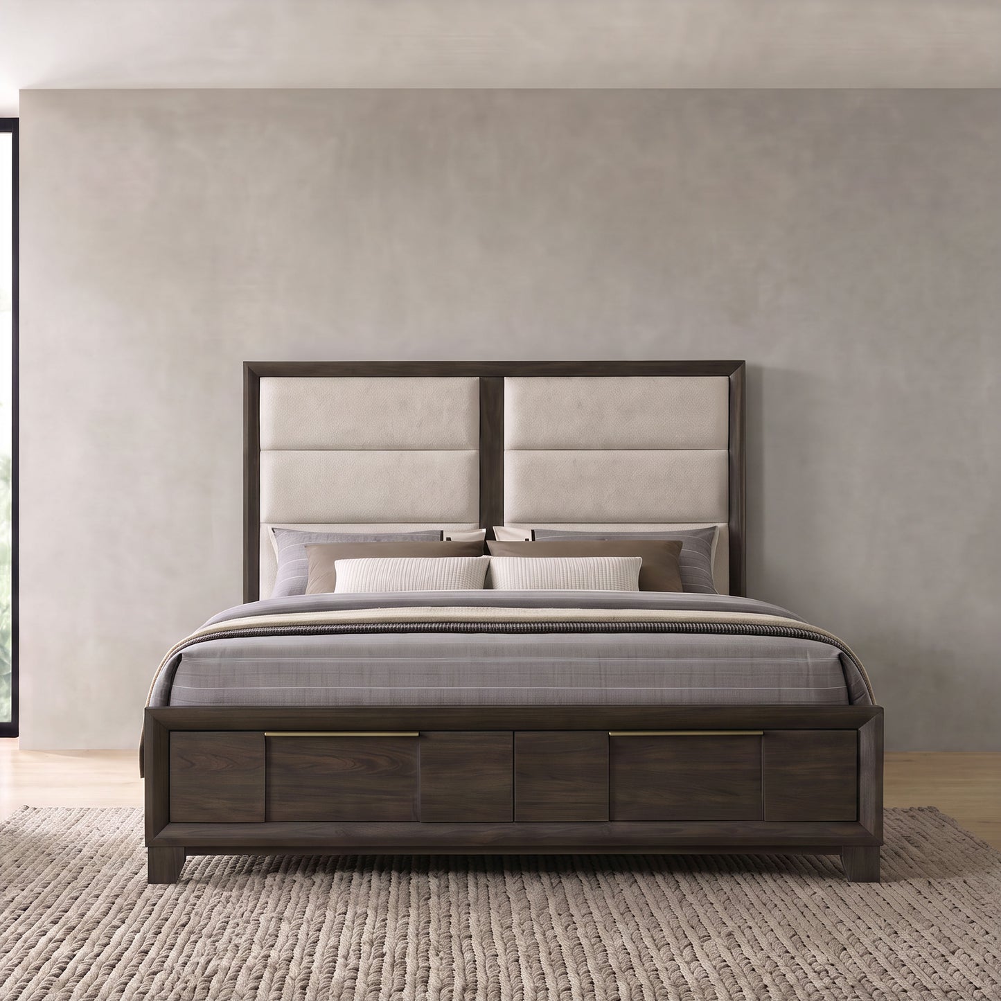 Farre Queen Upholstered Storage Platform Bed Dark Brown