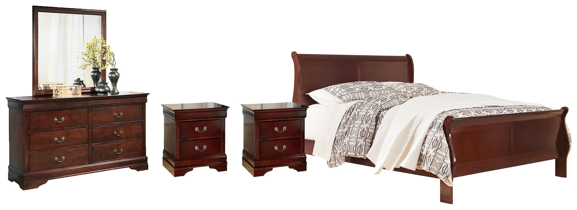 Alisdair California King Sleigh Bed with Mirrored Dresser and 2 Nightstands Cloud 9 Mattress & Furniture