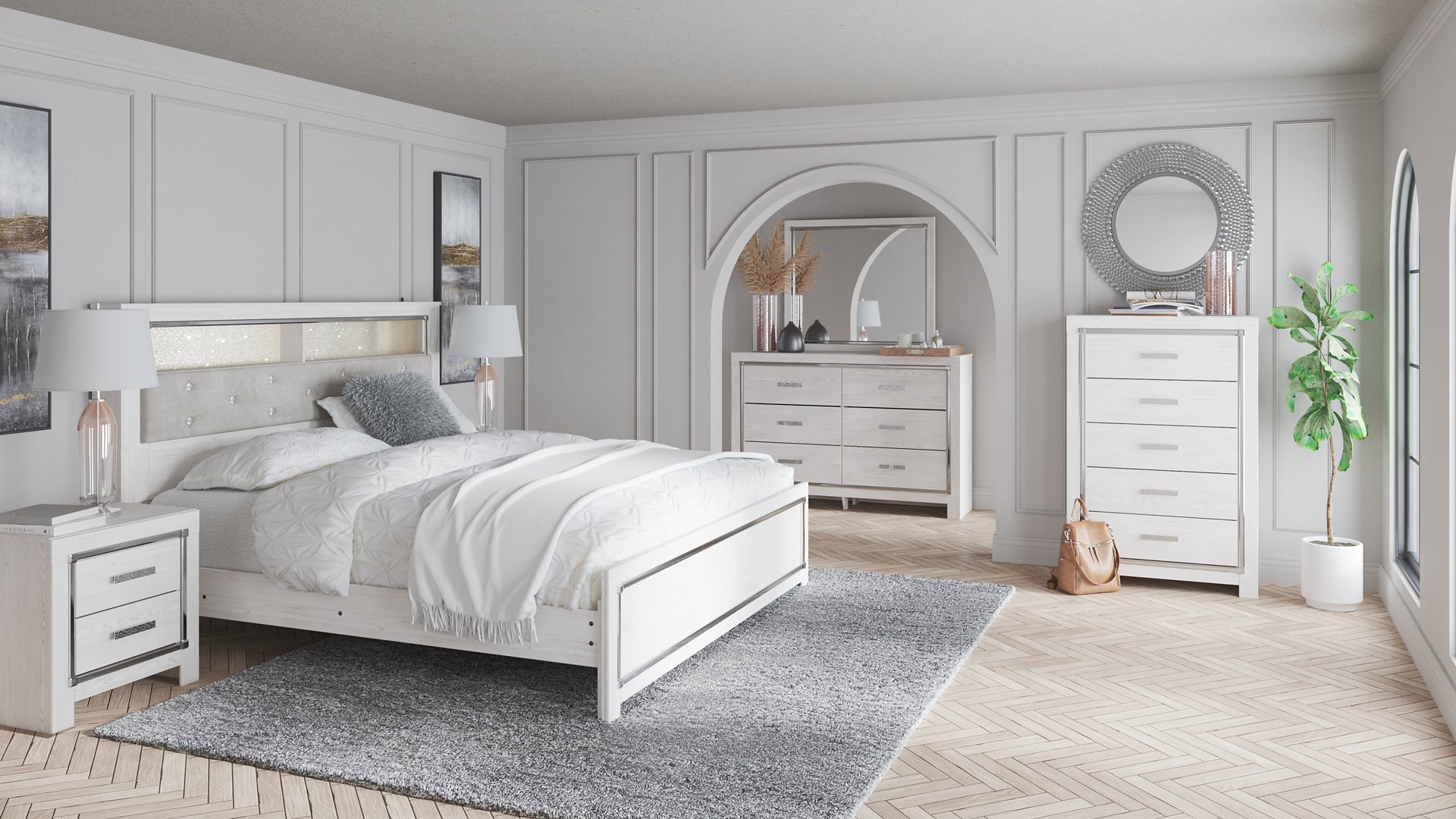 Altyra King Panel Bookcase Bed with Mirrored Dresser, Chest and Nightstand Cloud 9 Mattress & Furniture