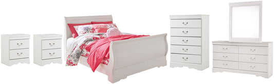Anarasia Full Sleigh Bed with Mirrored Dresser, Chest and 2 Nightstands Cloud 9 Mattress & Furniture