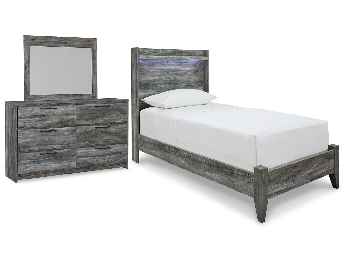 Baystorm Twin Panel Bed with Mirrored Dresser Cloud 9 Mattress & Furniture