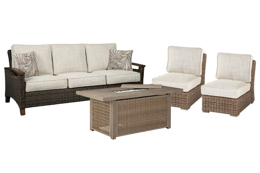 Beachcroft Outdoor Sofa and 2 Lounge Chairs with Fire Pit Table Cloud 9 Mattress & Furniture