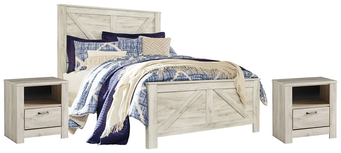Bellaby Queen Crossbuck Panel Bed with 2 Nightstands Cloud 9 Mattress & Furniture