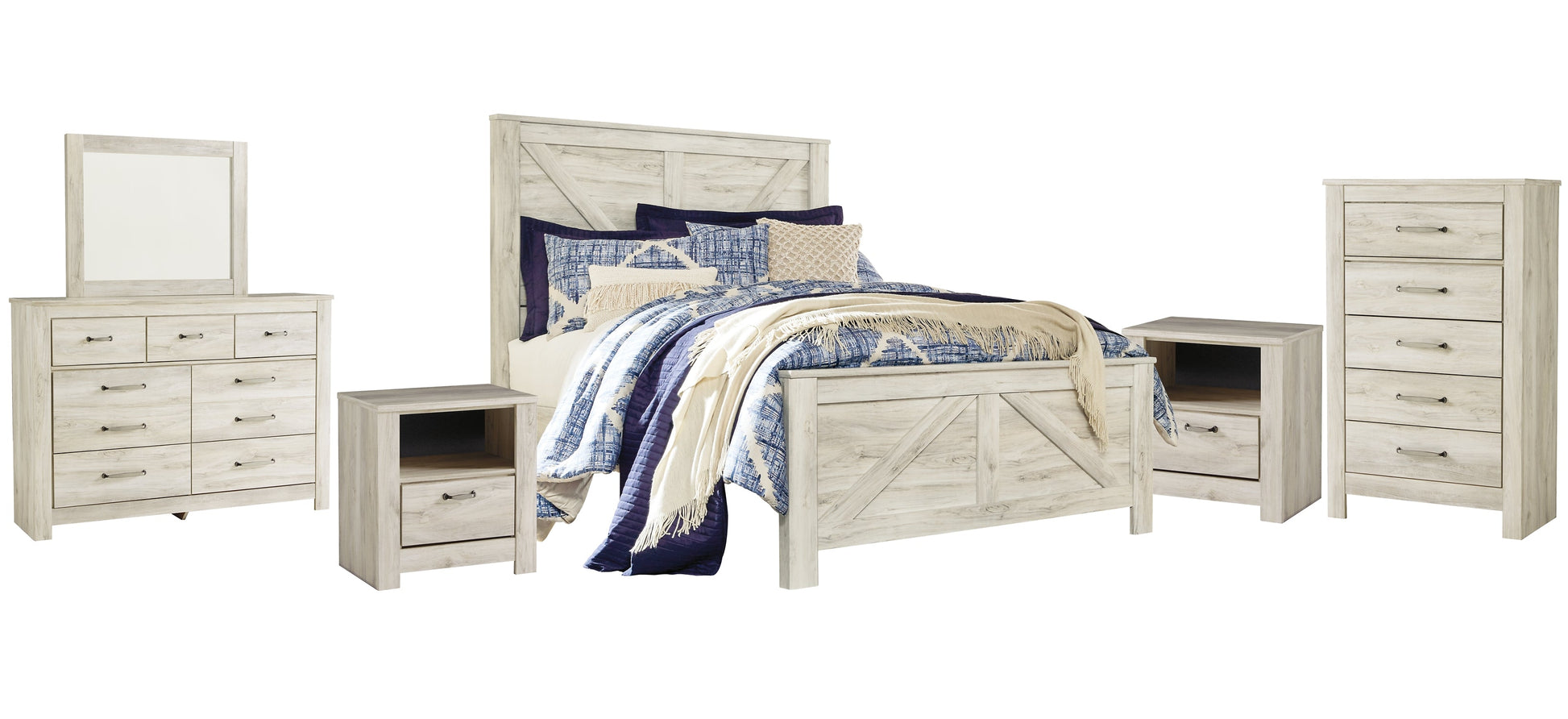 Bellaby Queen Crossbuck Panel Bed with Mirrored Dresser, Chest and 2 Nightstands Cloud 9 Mattress & Furniture