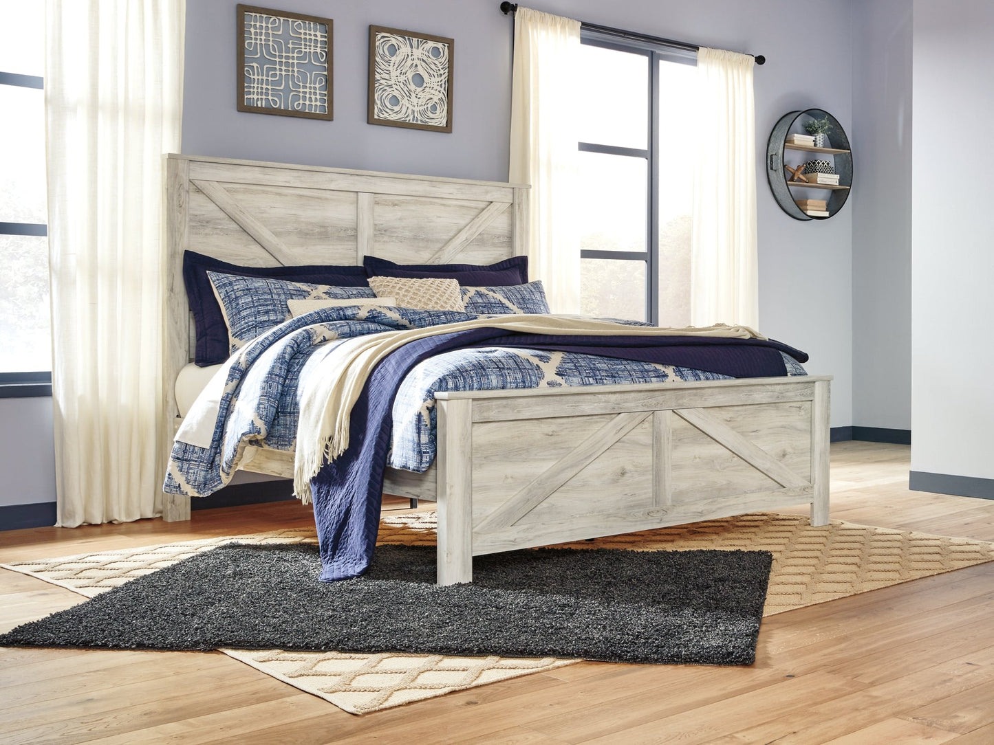 Bellaby Queen Crossbuck Panel Bed with Mirrored Dresser and Chest Cloud 9 Mattress & Furniture