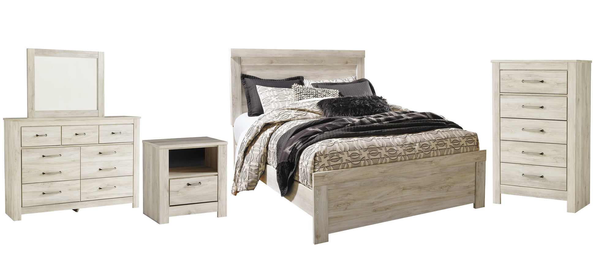 Bellaby Queen Panel Bed with Mirrored Dresser, Chest and Nightstand Cloud 9 Mattress & Furniture