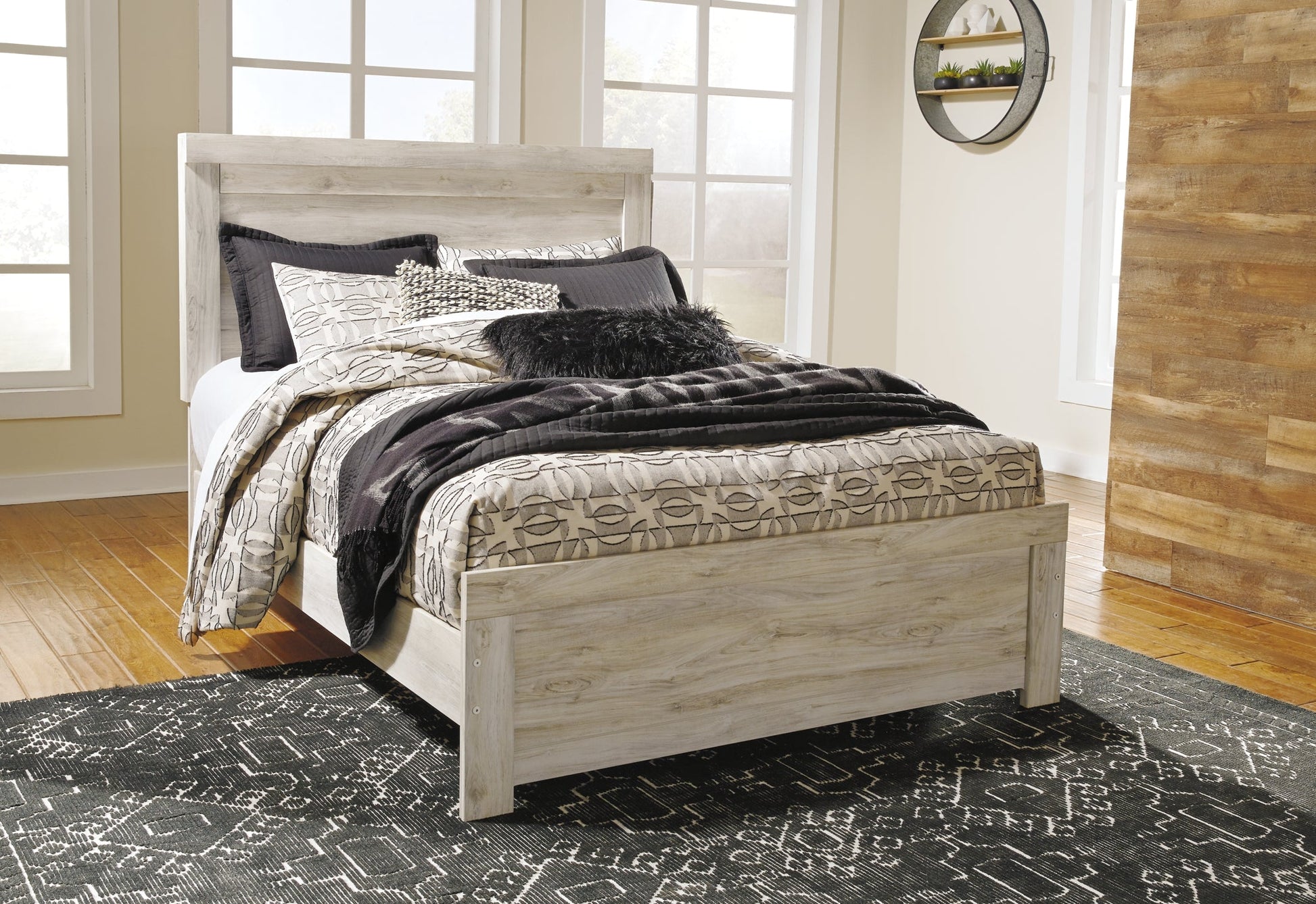Bellaby Queen Panel Bed with Mirrored Dresser and Chest Cloud 9 Mattress & Furniture