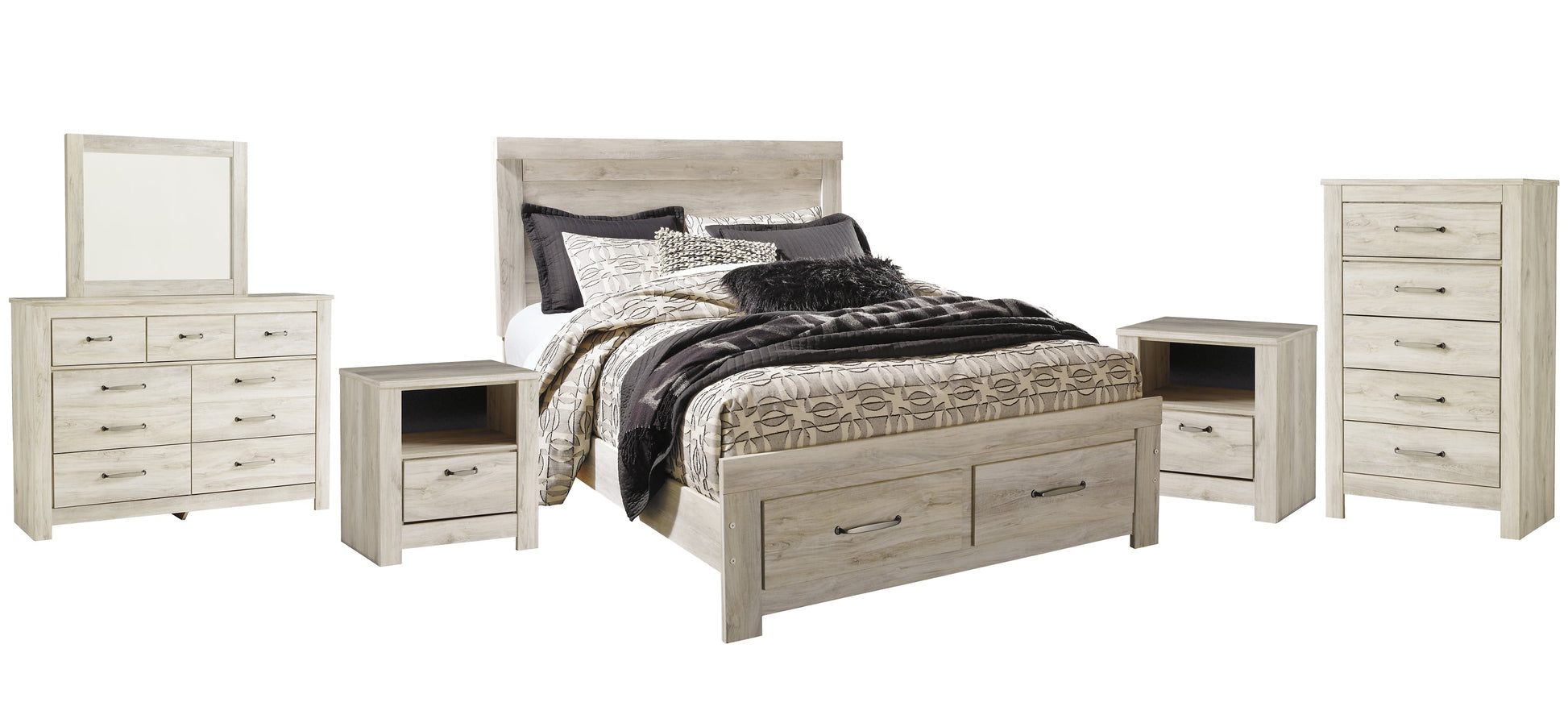 Bellaby Queen Platform Bed with 2 Storage Drawers with Mirrored Dresser, Chest and 2 Nightstands Cloud 9 Mattress & Furniture