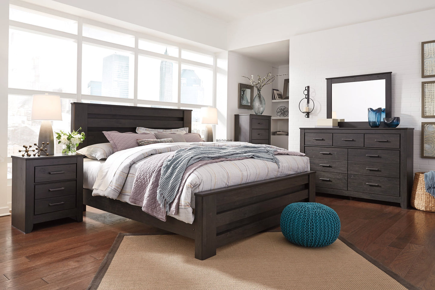 Brinxton King Panel Bed with Mirrored Dresser and 2 Nightstands Cloud 9 Mattress & Furniture