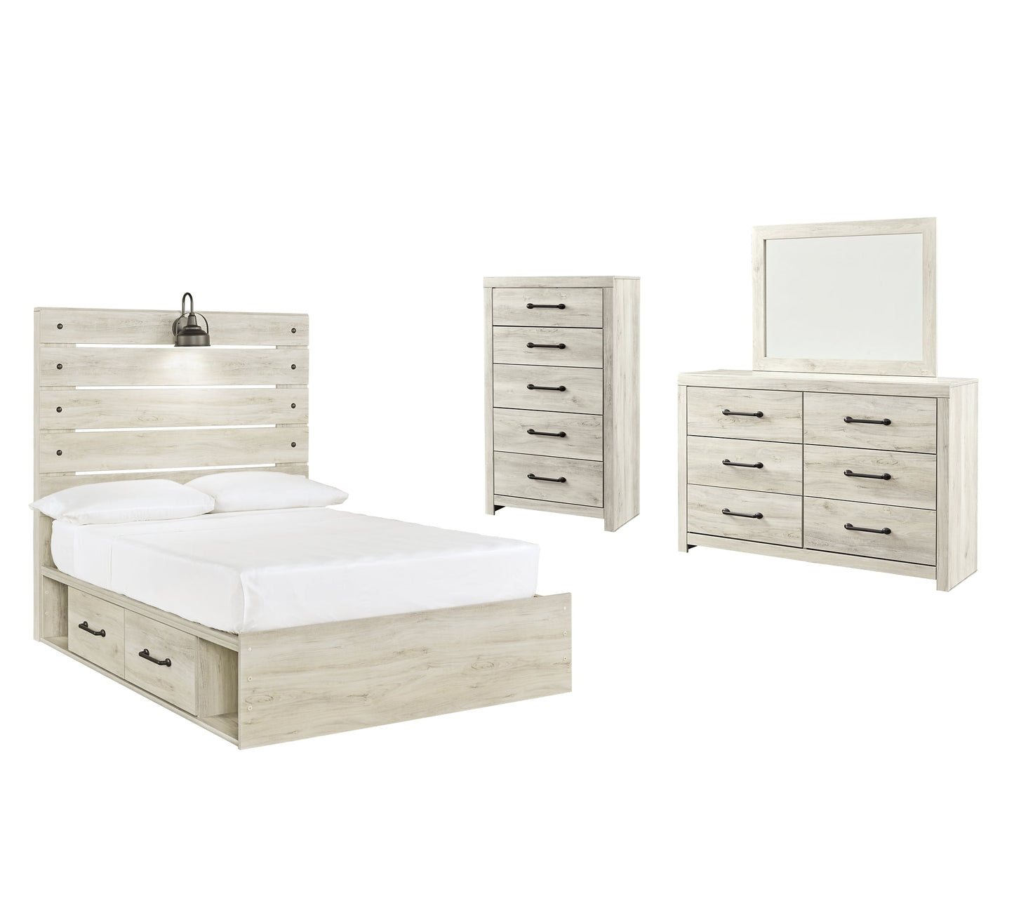 Cambeck Full Panel Bed with 4 Storage Drawers with Mirrored Dresser and Chest Cloud 9 Mattress & Furniture