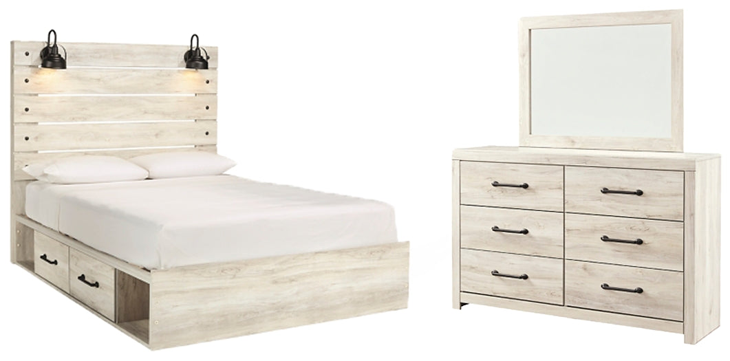 Cambeck Queen Panel Bed with 4 Storage Drawers with Mirrored Dresser Cloud 9 Mattress & Furniture