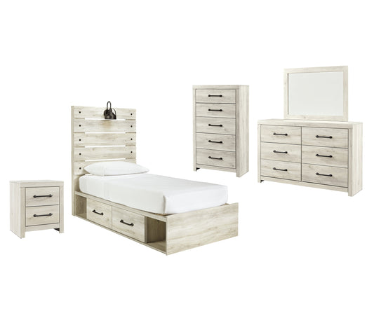 Cambeck Twin Panel Bed with 4 Storage Drawers with Mirrored Dresser, Chest and Nightstand Cloud 9 Mattress & Furniture