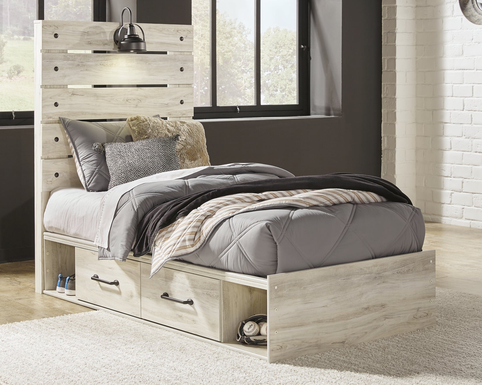 Cambeck Twin Panel Bed with 4 Storage Drawers with Mirrored Dresser Cloud 9 Mattress & Furniture